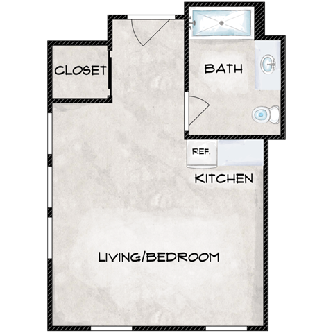 Floor plan for studio, 1 bath, 333 sqft